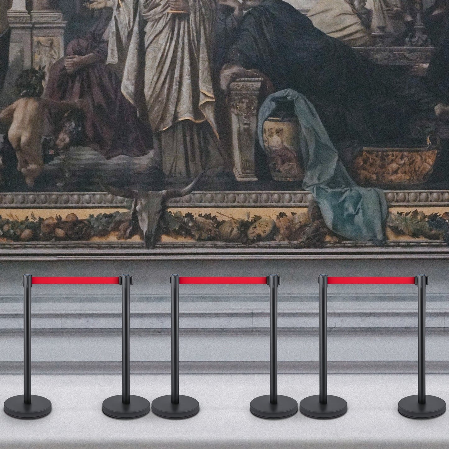 Crowd Control Stanchion, Set of 6 Pieces Stanchion Set, Stanchion Set with 6.6 ft/2 m Red Retractable Belt, Crowd Control Barrier with Rubber Base – Easy Connect Assembly for Crowd Control (Black) - Image 8