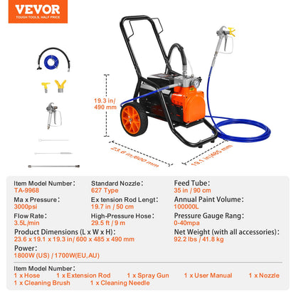 Cart Airless Paint Sprayer Diaphragm Paint Airless Sprayer 1700W Electric - Image 7