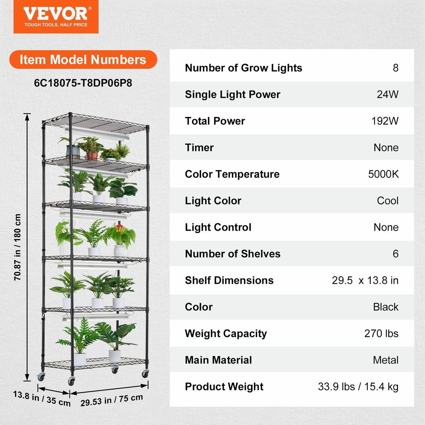 DIY Plant Stand with Grow Lights 6 Tiers 192W 70.9" Tall Plant Grow Shelf - Image 7