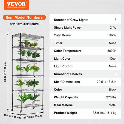 DIY Plant Stand with Grow Lights 6 Tiers 192W 70.9" Tall Plant Grow Shelf - Image 7