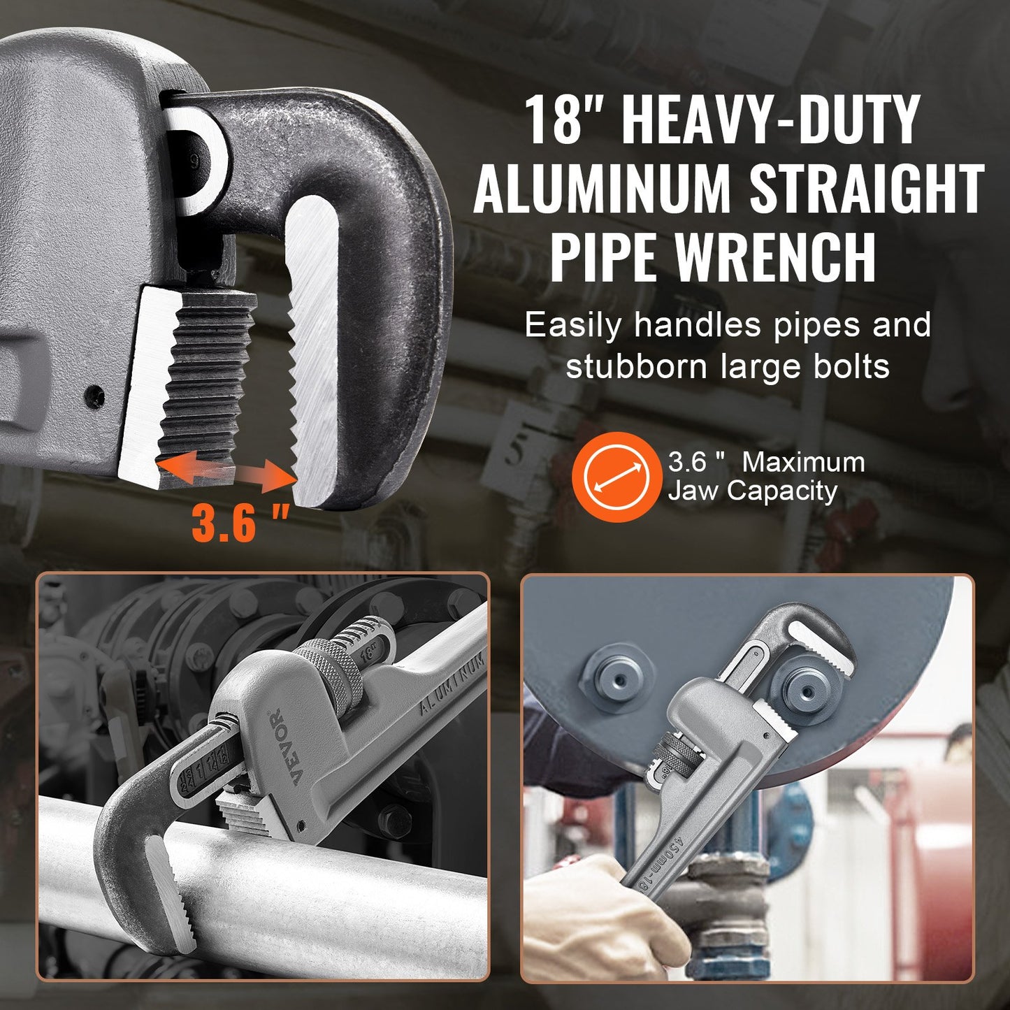 Pipe Wrench, 18" Aluminum Straight Pipe Wrench, Adjustable Plumbing Wrench, with High Strength Jaw and Ergonomic Handle, Easy to Carry, Hangable Design, for Water Pipes, Automotive Repairs - Image 5