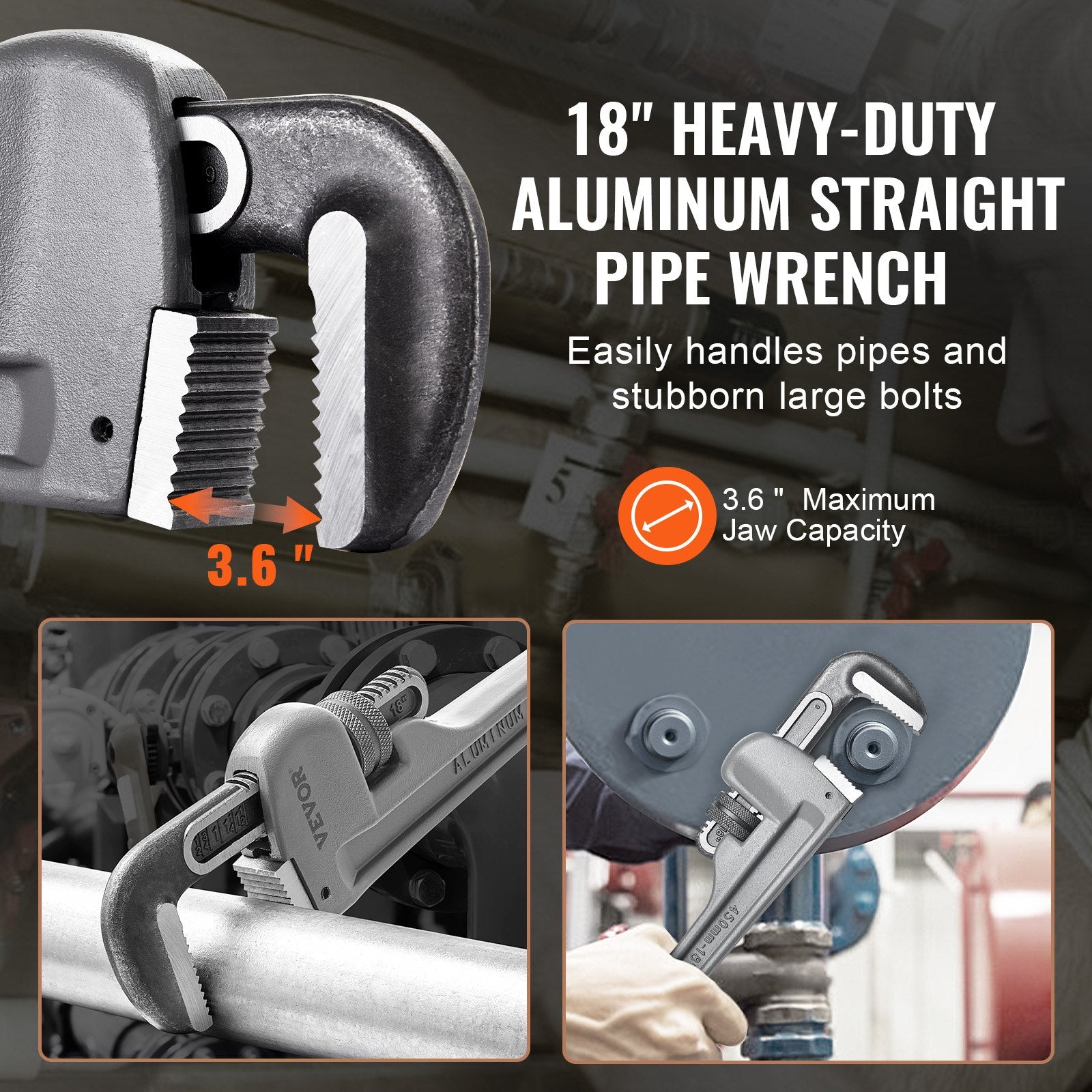 Pipe Wrench, 18" Aluminum Straight Pipe Wrench, Adjustable Plumbing Wrench, with High Strength Jaw and Ergonomic Handle, Easy to Carry, Hangable Design, for Water Pipes, Automotive Repairs - Image 5