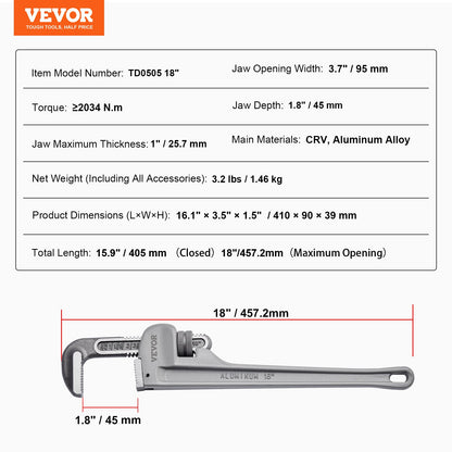 Pipe Wrench, 18" Aluminum Straight Pipe Wrench, Adjustable Plumbing Wrench, with High Strength Jaw and Ergonomic Handle, Easy to Carry, Hangable Design, for Water Pipes, Automotive Repairs - Image 7