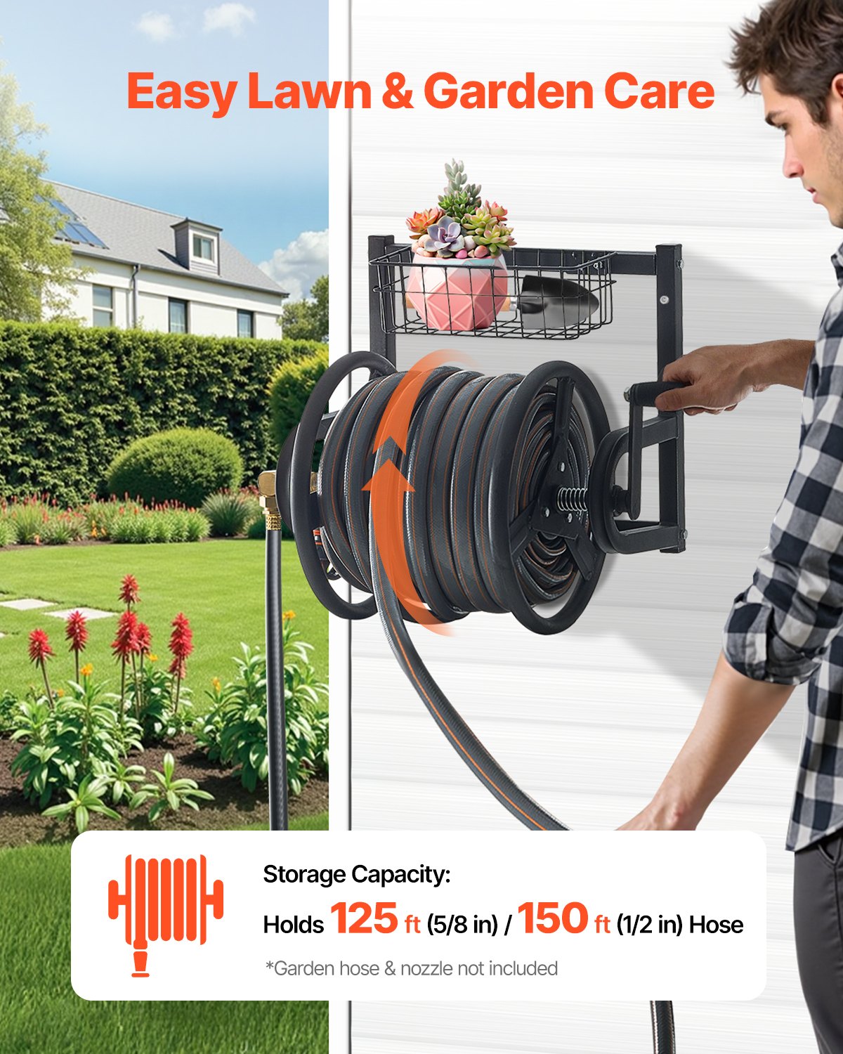 Wall Mounted Garden Hose Reel 125ft 5/8 in Metal Hose Reel with Basket - Image 2