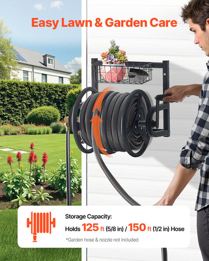 Wall Mounted Garden Hose Reel 125ft 5/8 in Metal Hose Reel with Basket - Image 2