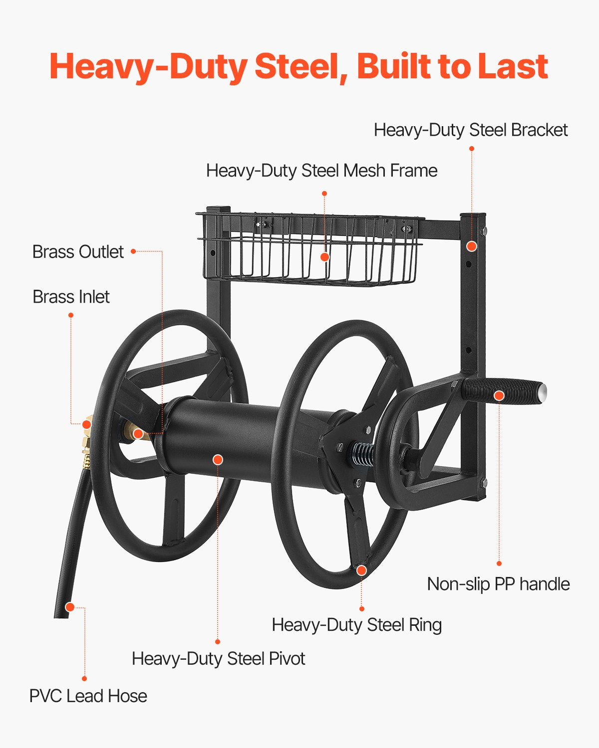 Wall Mounted Garden Hose Reel 125ft 5/8 in Metal Hose Reel with Basket - Image 3