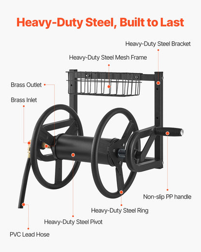 Wall Mounted Garden Hose Reel 125ft 5/8 in Metal Hose Reel with Basket - Image 3