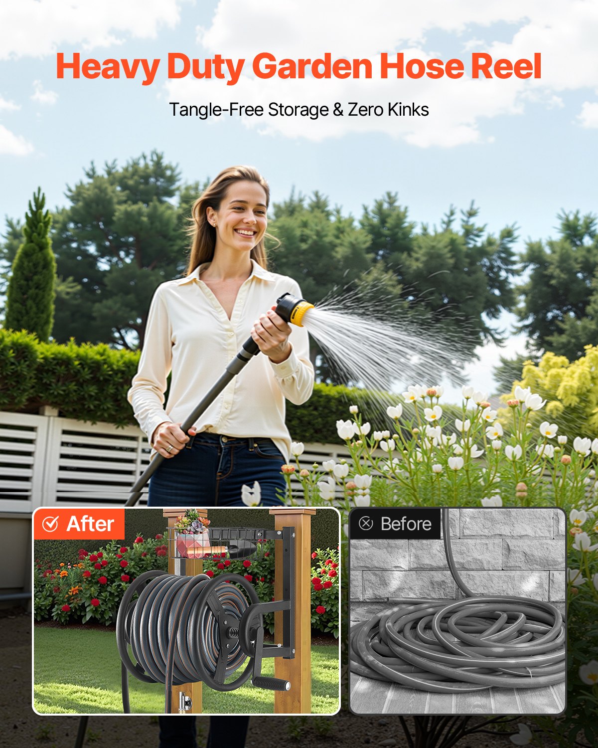 Wall Mounted Garden Hose Reel 125ft 5/8 in Metal Hose Reel with Basket - Image 5