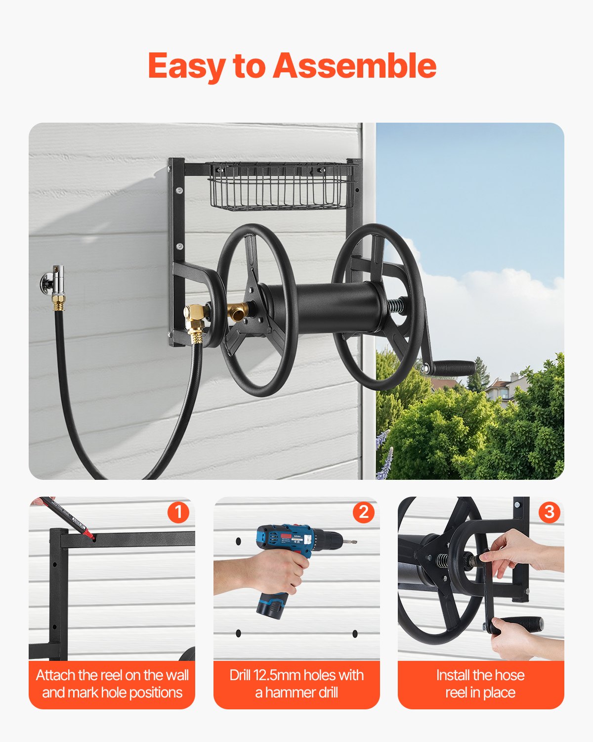 Wall Mounted Garden Hose Reel 125ft 5/8 in Metal Hose Reel with Basket - Image 6