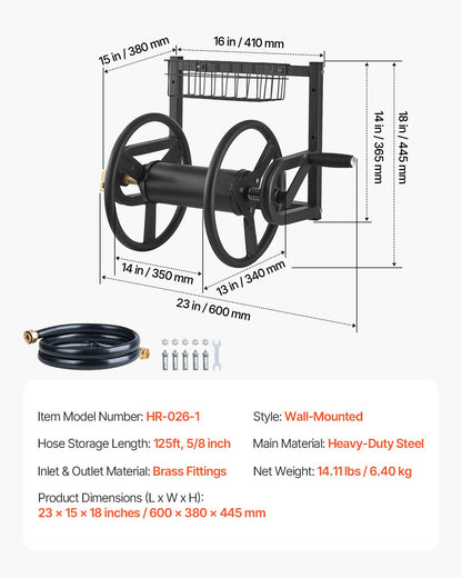 Wall Mounted Garden Hose Reel 125ft 5/8 in Metal Hose Reel with Basket - Image 7
