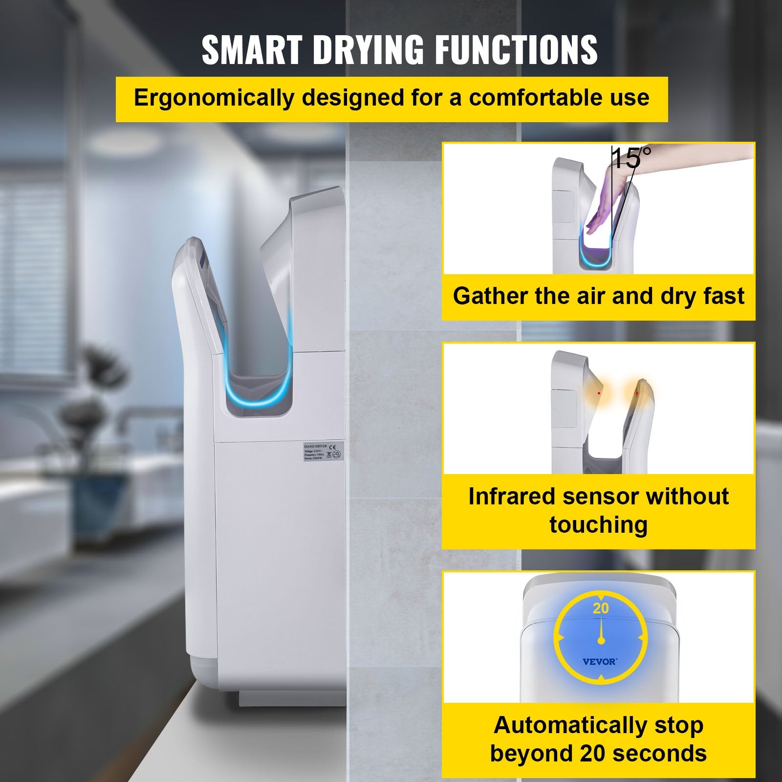 Jet Hand Dryer Blade Hand Dryer Automatic High Speed for Washroom White - Image 5