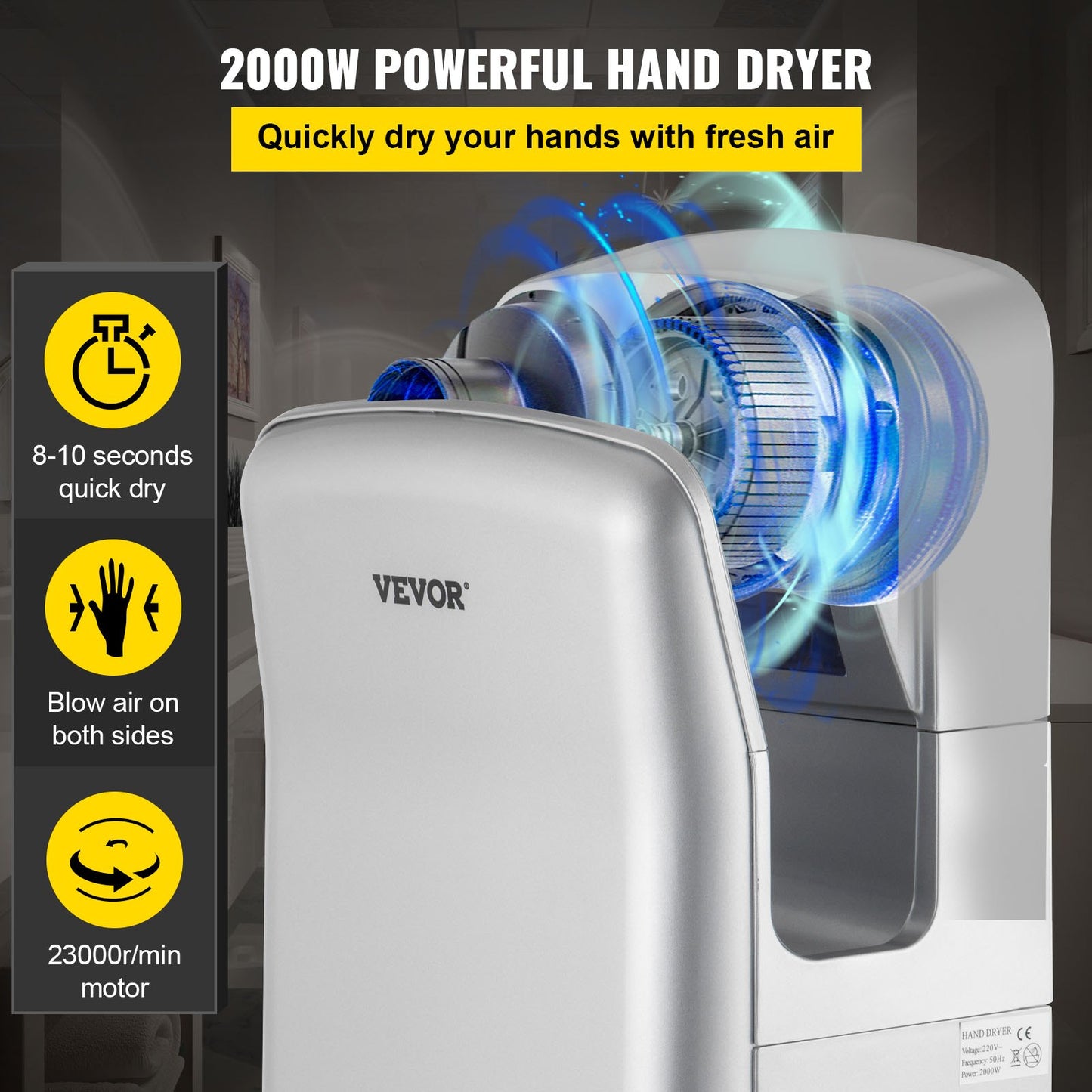 Jet Hand Dryer Blade Hand Dryer Automatic High Speed for Washroom Silver - Image 2