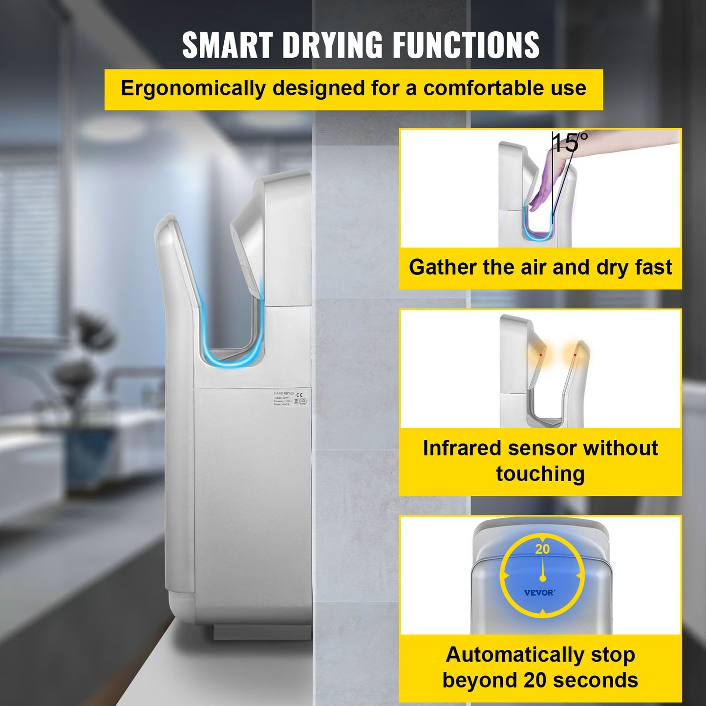 Jet Hand Dryer Blade Hand Dryer Automatic High Speed for Washroom Silver - Image 5