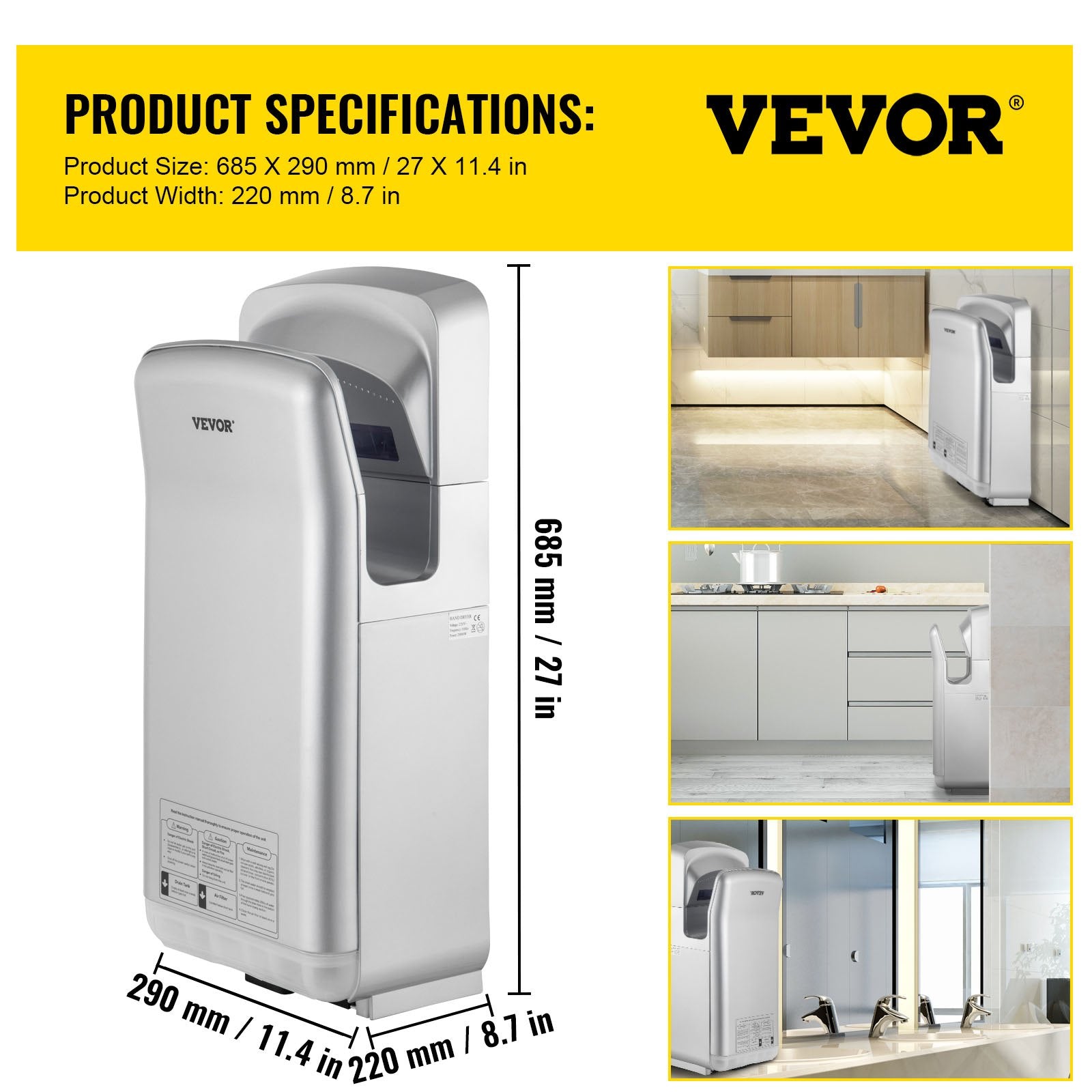 Jet Hand Dryer Blade Hand Dryer Automatic High Speed for Washroom Silver - Image 7