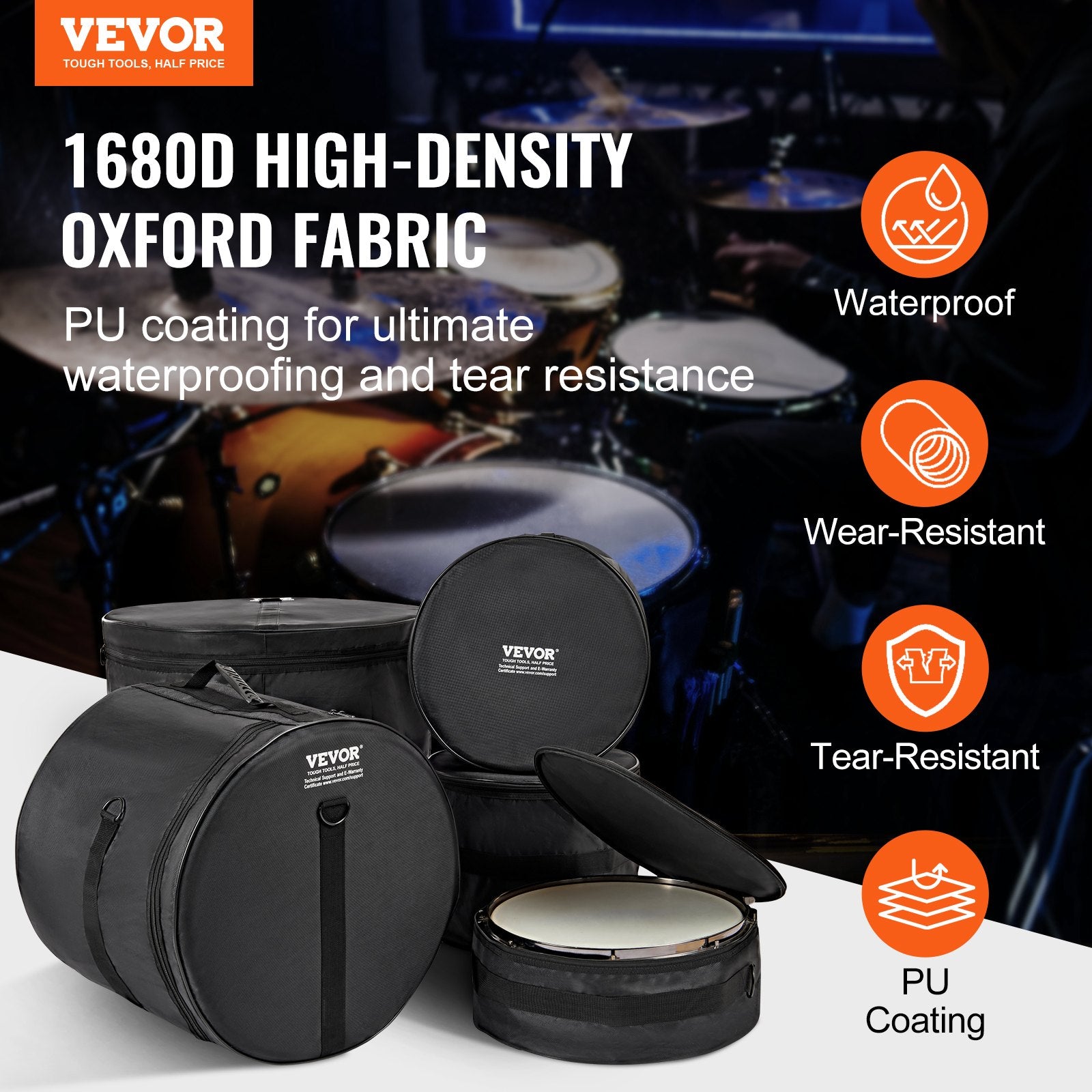 5-Piece Drum Bag Set, 1680D Oxford Fabric, Padded Drum Bags and Cases with 4.92 ft Detachable Shoulder Strap Carry Handles Foldable Design, for 55cm Kick 30cm Tom 33cm Tom 40cm Tom 35cm Snare - Image 2
