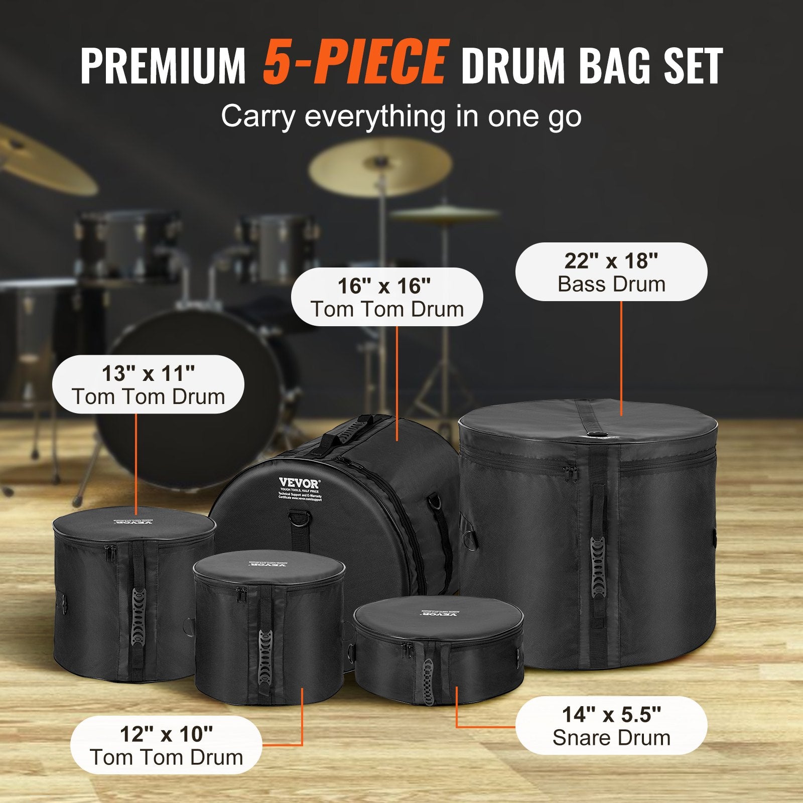 5-Piece Drum Bag Set, 1680D Oxford Fabric, Padded Drum Bags and Cases with 4.92 ft Detachable Shoulder Strap Carry Handles Foldable Design, for 55cm Kick 30cm Tom 33cm Tom 40cm Tom 35cm Snare - Image 3