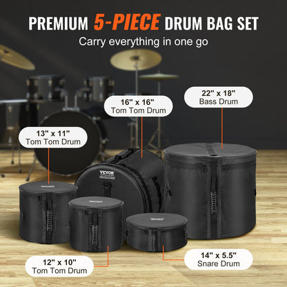 5-Piece Drum Bag Set, 1680D Oxford Fabric, Padded Drum Bags and Cases with 4.92 ft Detachable Shoulder Strap Carry Handles Foldable Design, for 55cm Kick 30cm Tom 33cm Tom 40cm Tom 35cm Snare - Image 3
