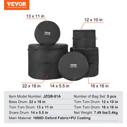 5-Piece Drum Bag Set, 1680D Oxford Fabric, Padded Drum Bags and Cases with 4.92 ft Detachable Shoulder Strap Carry Handles Foldable Design, for 55cm Kick 30cm Tom 33cm Tom 40cm Tom 35cm Snare - Image 7