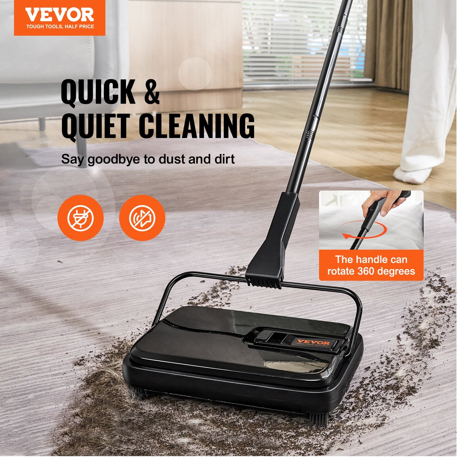 Carpet Sweeper, 200 mm Sweeping Paths, Floor Sweeper Manual Non Electric, 300 ml Dustbin Capacity with Comb for Home Office Rugs Hardwood Surfaces Wood Floors Laminate, Cleans Dust Pet Hair - Image 2