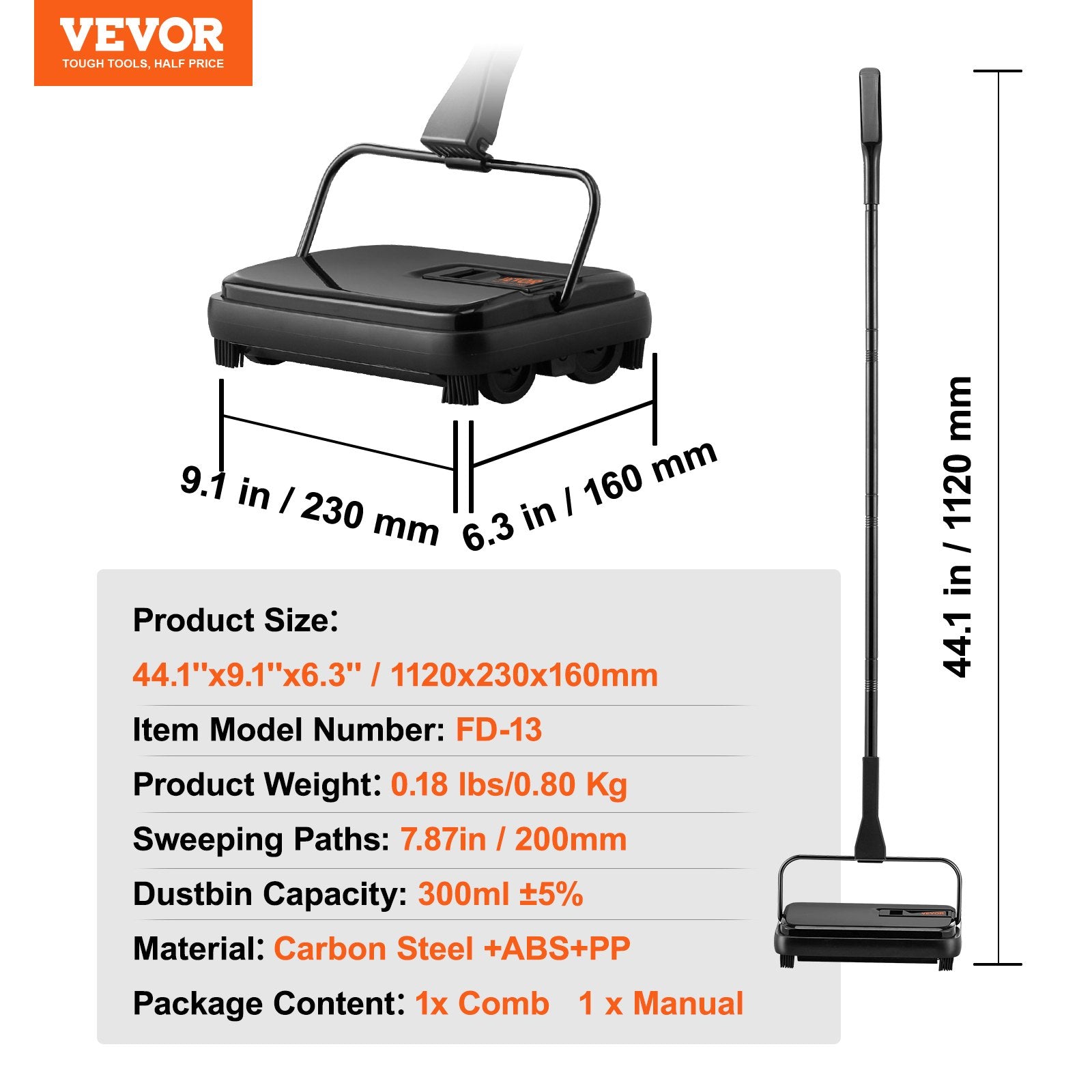 Carpet Sweeper, 200 mm Sweeping Paths, Floor Sweeper Manual Non Electric, 300 ml Dustbin Capacity with Comb for Home Office Rugs Hardwood Surfaces Wood Floors Laminate, Cleans Dust Pet Hair - Image 7