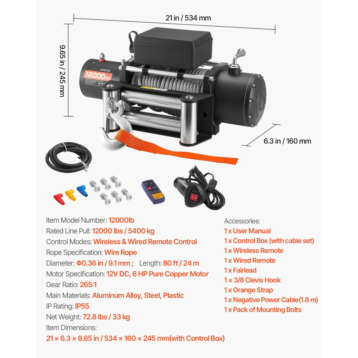 Electric Winch, 5400 kg Load Capacity, 12V DC Truck Winch with Φ9.1 mm x 24 m Steel Rope, Wireless & Wired Remote Control, IP55 Waterproof for Towing SUV Jeep Trailer Boat Off-Road Vehicle - Image 7