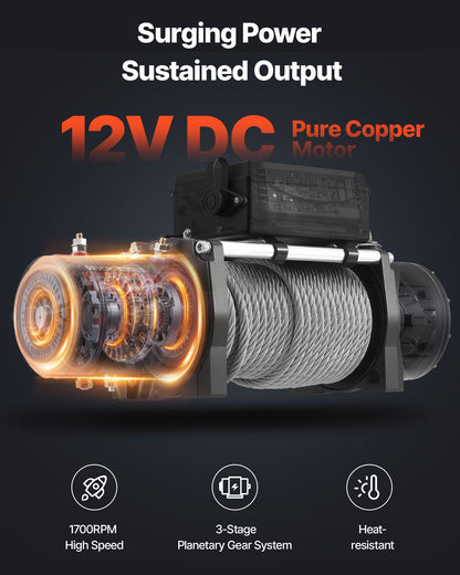 Electric Winch, 5400 kg Load Capacity, 12V DC Truck Winch with Φ9.1 mm x 24 m Steel Rope, Wireless & Wired Remote Control, IP55 Waterproof for Towing SUV Jeep Trailer Boat Off-Road Vehicle - Image 3