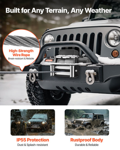 Electric Winch, 5400 kg Load Capacity, 12V DC Truck Winch with Φ9.1 mm x 24 m Steel Rope, Wireless & Wired Remote Control, IP55 Waterproof for Towing SUV Jeep Trailer Boat Off-Road Vehicle - Image 4