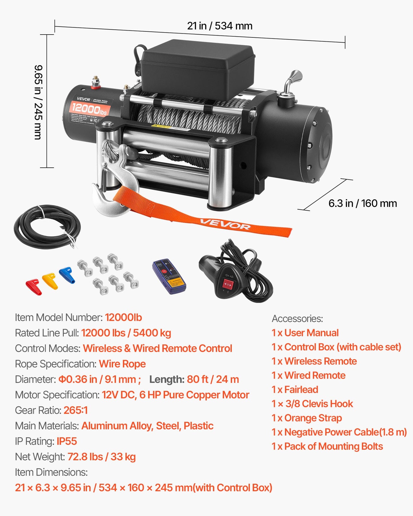 Electric Winch, 5400 kg Load Capacity, 12V DC Truck Winch with Φ9.1 mm x 24 m Steel Rope, Wireless & Wired Remote Control, IP55 Waterproof for Towing SUV Jeep Trailer Boat Off-Road Vehicle - Image 7
