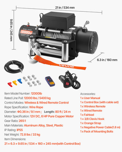 Electric Winch, 5400 kg Load Capacity, 12V DC Truck Winch with Φ9.1 mm x 24 m Steel Rope, Wireless & Wired Remote Control, IP55 Waterproof for Towing SUV Jeep Trailer Boat Off-Road Vehicle - Image 7