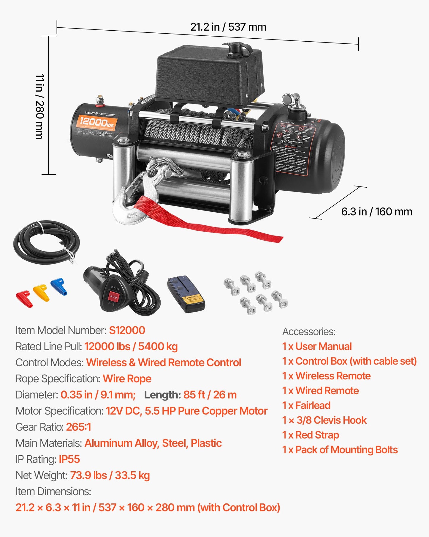 Electric Winch, 5400 kg Load Capacity, 12V DC Truck Winch with Φ9.1 mm x 26 m Steel Rope, Wireless & Wired Remote Control, Suitable for Towing SUV Jeep Trailer Boat Off-Road Vehicle - Image 7