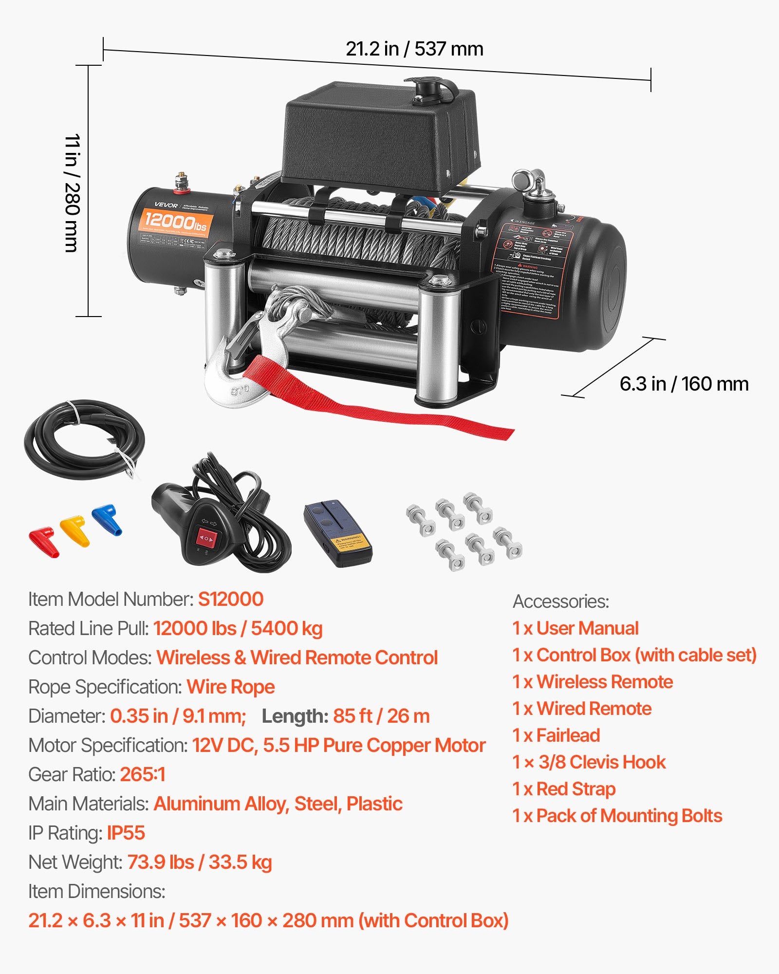 Electric Winch, 5400 kg Load Capacity, 12V DC Truck Winch with Φ9.1 mm x 26 m Steel Rope, Wireless & Wired Remote Control, Suitable for Towing SUV Jeep Trailer Boat Off-Road Vehicle - Image 7