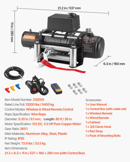 Electric Winch, 5400 kg Load Capacity, 12V DC Truck Winch with Φ9.1 mm x 26 m Steel Rope, Wireless & Wired Remote Control, Suitable for Towing SUV Jeep Trailer Boat Off-Road Vehicle - Image 7