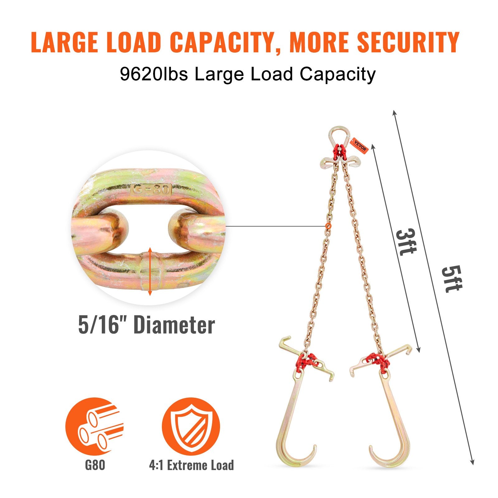 V-Chain Bridle, 4364 kg Working Load Limit, 8 x 914.4 mm G80 Tow Chain with RTJ Cluster Hooks, DOT Certified, Galvanized Coating Manganese Steel & D-Shackle, for Lifting & Moving Activities - Image 3