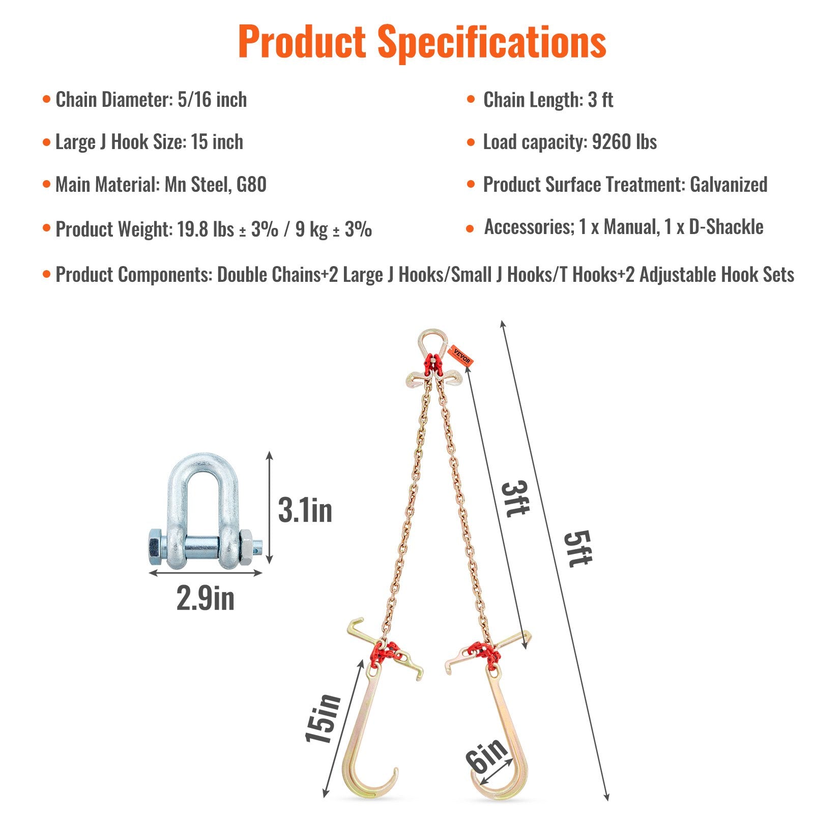 V-Chain Bridle, 4364 kg Working Load Limit, 8 x 914.4 mm G80 Tow Chain with RTJ Cluster Hooks, DOT Certified, Galvanized Coating Manganese Steel & D-Shackle, for Lifting & Moving Activities - Image 7