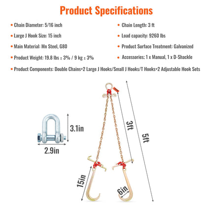V-Chain Bridle, 4364 kg Working Load Limit, 8 x 914.4 mm G80 Tow Chain with RTJ Cluster Hooks, DOT Certified, Galvanized Coating Manganese Steel & D-Shackle, for Lifting & Moving Activities - Image 7