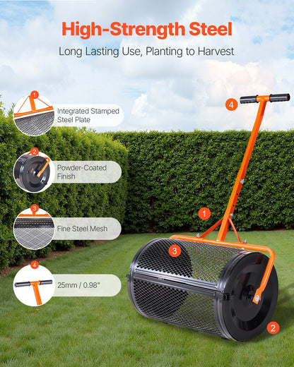 Compost Spreader, 24 in Wide Peat Moss Spreader with T Shaped Handle, 3 Heights Adjustable, Powder-Coated Steel Garden Peat Moss Roller, Heavy Duty Grass Seed Spreaders for Planting Seeding - Image 3