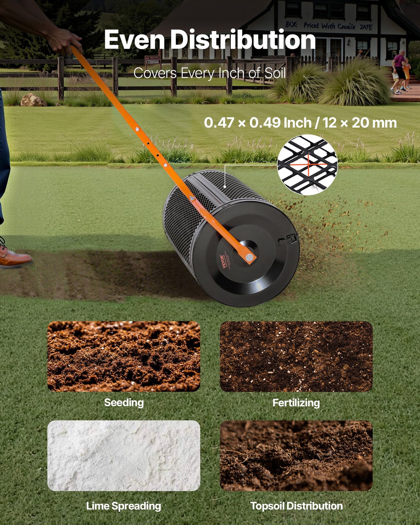 Compost Spreader, 24 in Wide Peat Moss Spreader with T Shaped Handle, 3 Heights Adjustable, Powder-Coated Steel Garden Peat Moss Roller, Heavy Duty Grass Seed Spreaders for Planting Seeding - Image 6