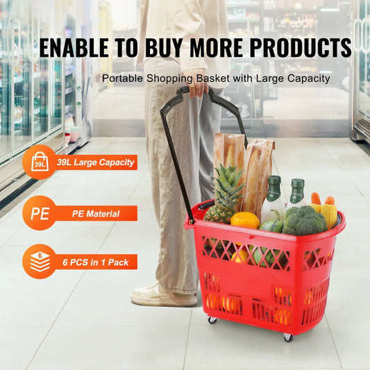 Shopping Baskets, 6PCS, 39L Shopping Carts with Handles, Plastic Rolling Shopping Basket with Wheels, Large Portable Shopping Basket Set for Supermarkets, Retail Stores, Grocery Shopping, Red - Image 2