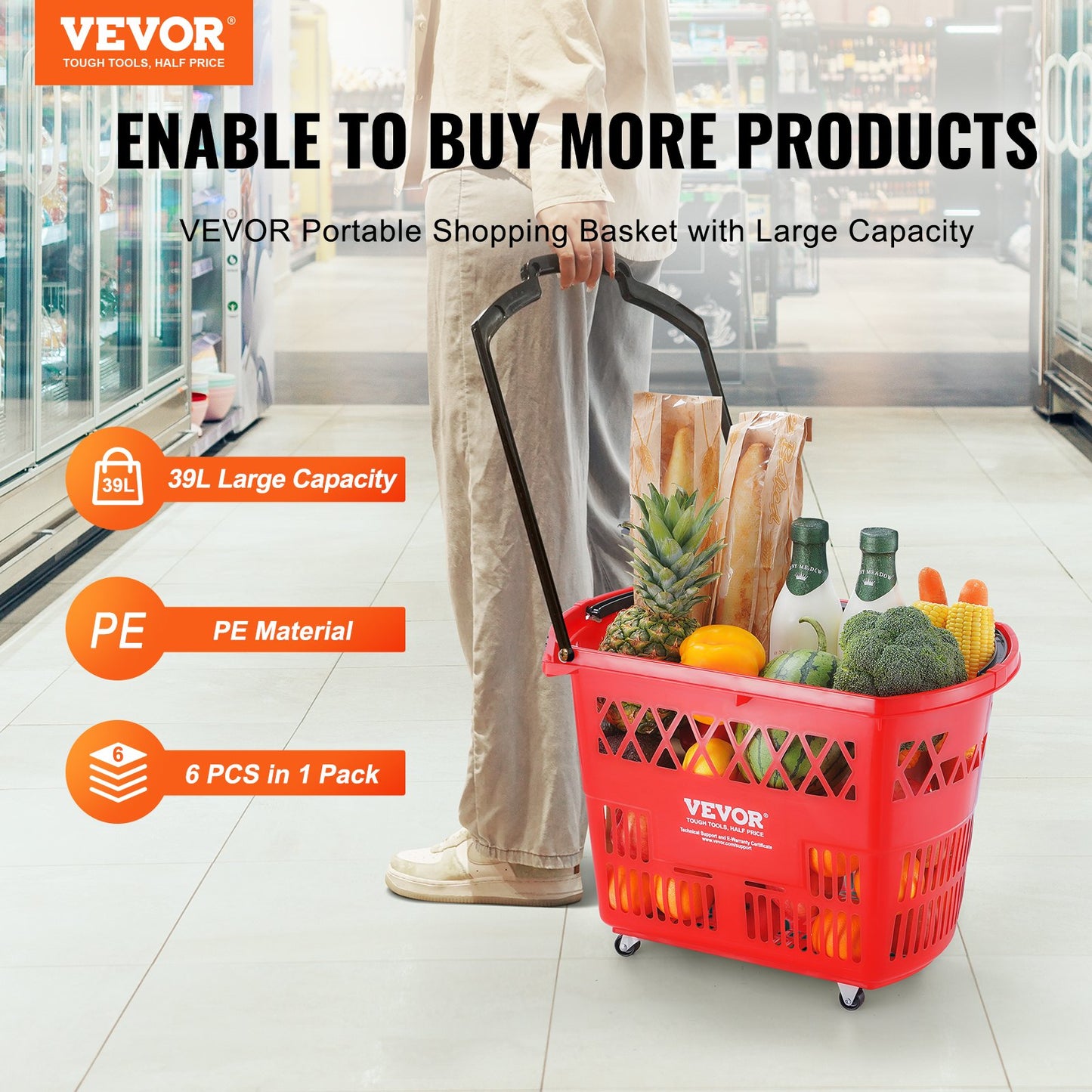 Shopping Baskets, 6PCS, 39L Shopping Carts with Handles, Plastic Rolling Shopping Basket with Wheels, Large Portable Shopping Basket Set for Supermarkets, Retail Stores, Grocery Shopping, Red - Image 2