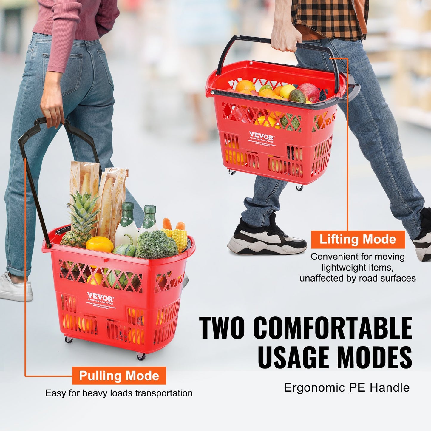 Shopping Baskets, 6PCS, 39L Shopping Carts with Handles, Plastic Rolling Shopping Basket with Wheels, Large Portable Shopping Basket Set for Supermarkets, Retail Stores, Grocery Shopping, Red - Image 4