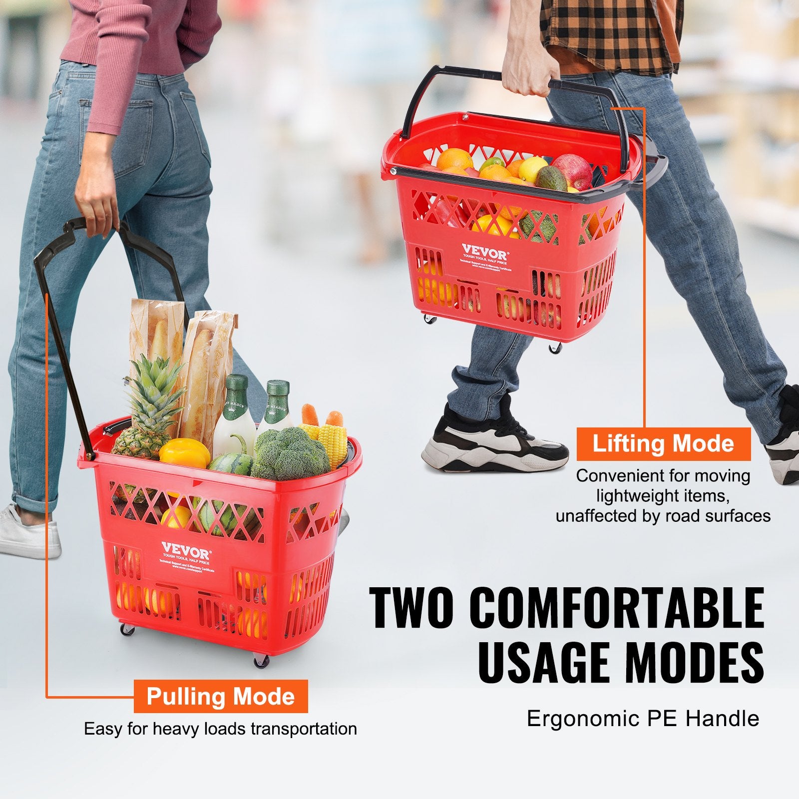 Shopping Baskets, 6PCS, 39L Shopping Carts with Handles, Plastic Rolling Shopping Basket with Wheels, Large Portable Shopping Basket Set for Supermarkets, Retail Stores, Grocery Shopping, Red - Image 4