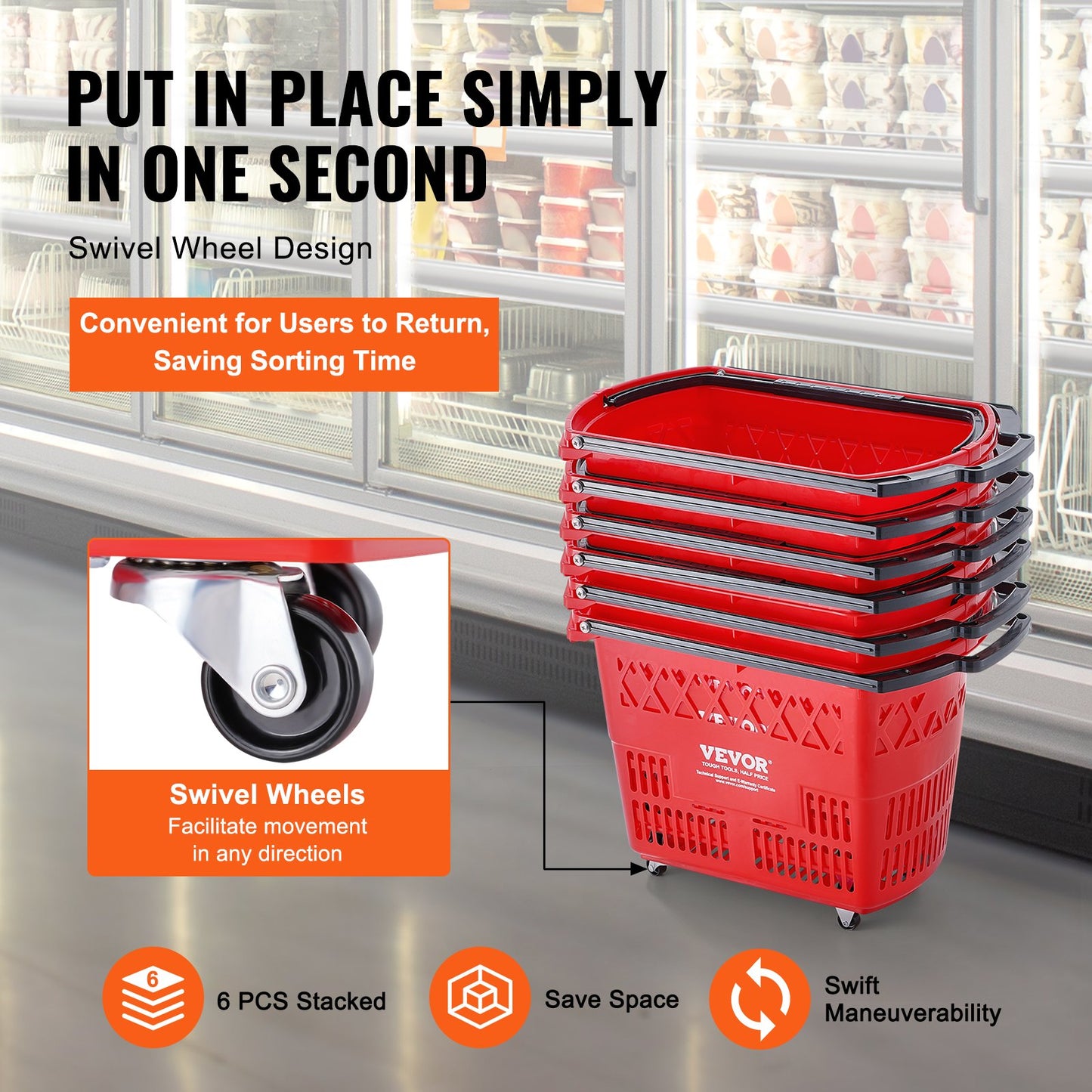 Shopping Baskets, 6PCS, 39L Shopping Carts with Handles, Plastic Rolling Shopping Basket with Wheels, Large Portable Shopping Basket Set for Supermarkets, Retail Stores, Grocery Shopping, Red - Image 5