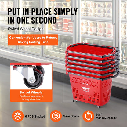 Shopping Baskets, 6PCS, 39L Shopping Carts with Handles, Plastic Rolling Shopping Basket with Wheels, Large Portable Shopping Basket Set for Supermarkets, Retail Stores, Grocery Shopping, Red - Image 5