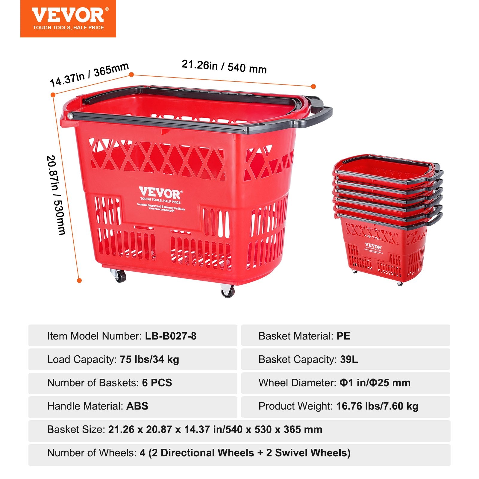 Shopping Baskets, 6PCS, 39L Shopping Carts with Handles, Plastic Rolling Shopping Basket with Wheels, Large Portable Shopping Basket Set for Supermarkets, Retail Stores, Grocery Shopping, Red - Image 7