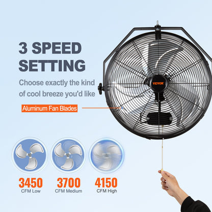Industrial Wall Mount Fan Waterproof Metal Fan 17.6'' 3 Speed Airflow - Image 3