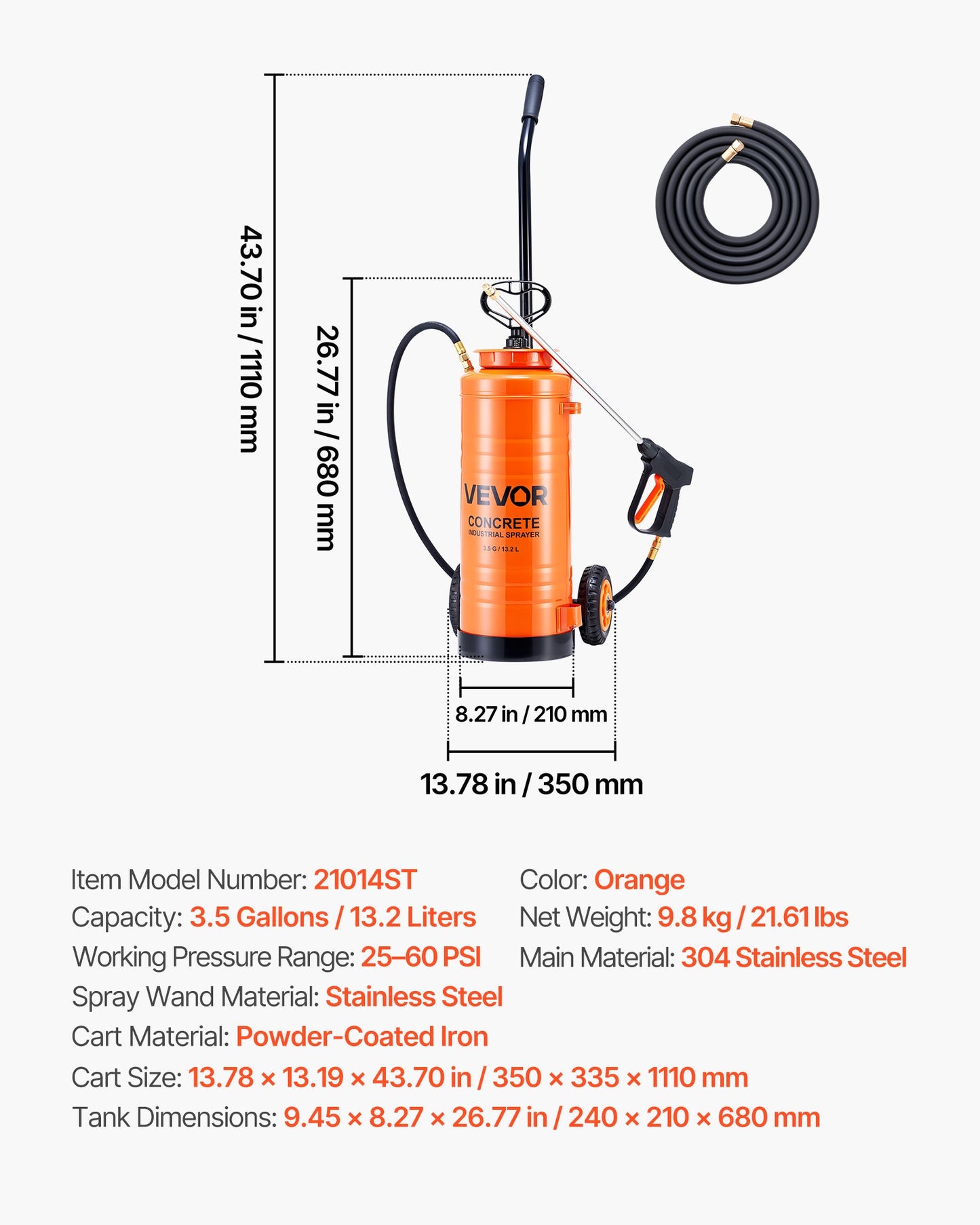 Industrial Concrete Sprayer with Wheeled Cart, 14L Stainless Steel Sprayer, Heavy Duty Tri-Poxy Pump Sprayers, 52cm Wand, 1.2m & 3m Hoses, 2 Brass Nozzles for Construction, Lawn & Garden - Image 7