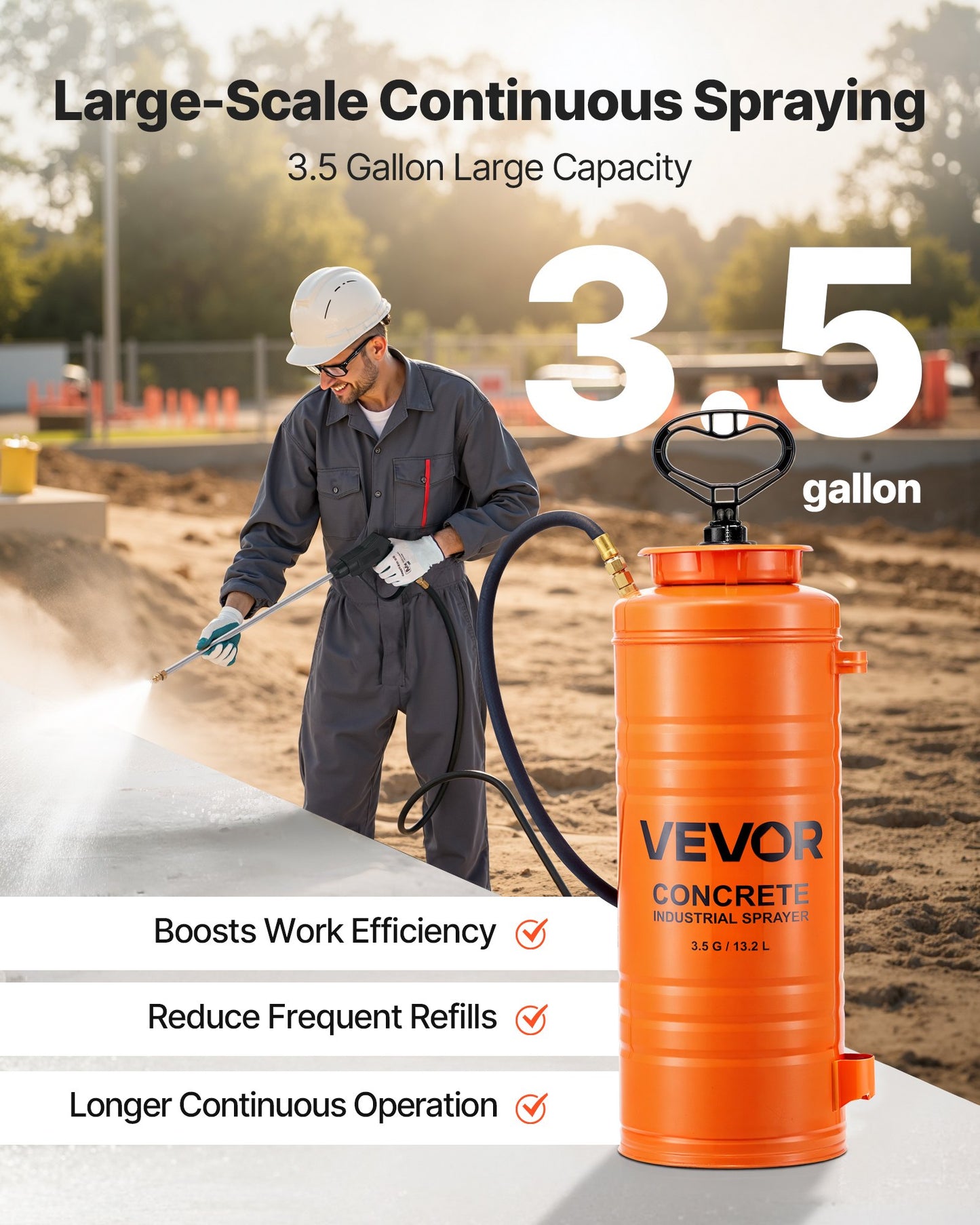 Industrial Concrete Sprayer, 14L Stainless Steel Sprayer, Heavy Duty Tri-Poxy Pump Sprayers, 52cm Wand with Ergonomic Gun Handle, 1.2m & 3m Hoses, 2 Brass Nozzles for Construction, Garden - Image 4
