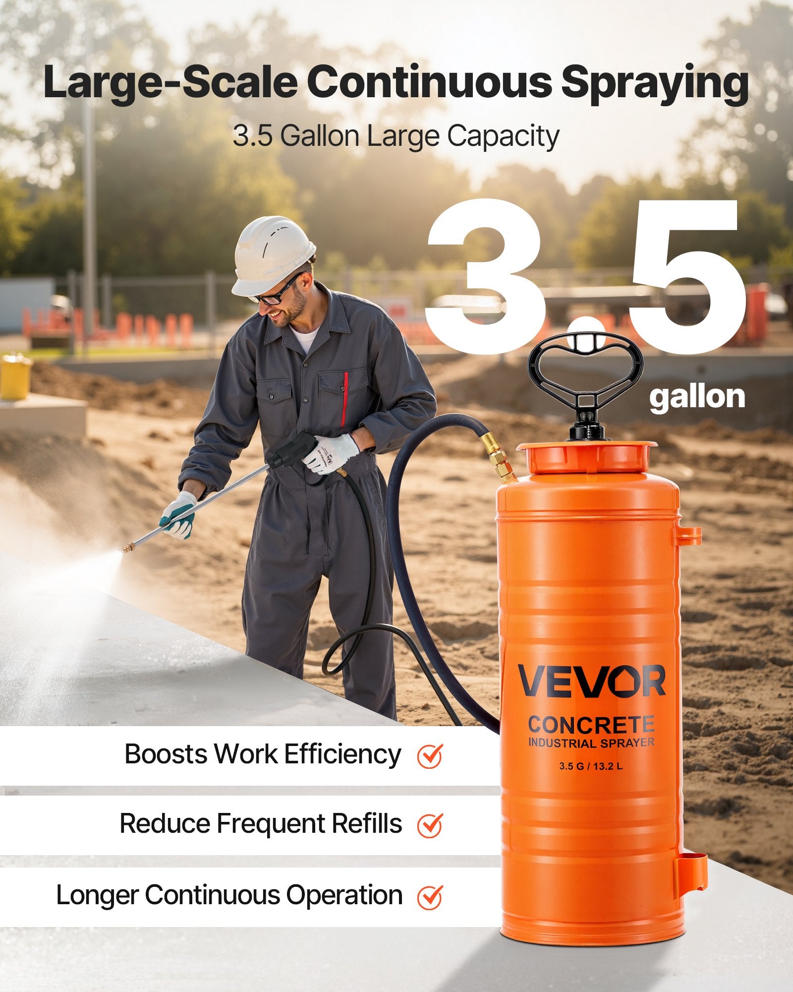 Industrial Concrete Sprayer, 14L Stainless Steel Sprayer, Heavy Duty Tri-Poxy Pump Sprayers, 52cm Wand with Ergonomic Gun Handle, 1.2m & 3m Hoses, 2 Brass Nozzles for Construction, Garden - Image 4