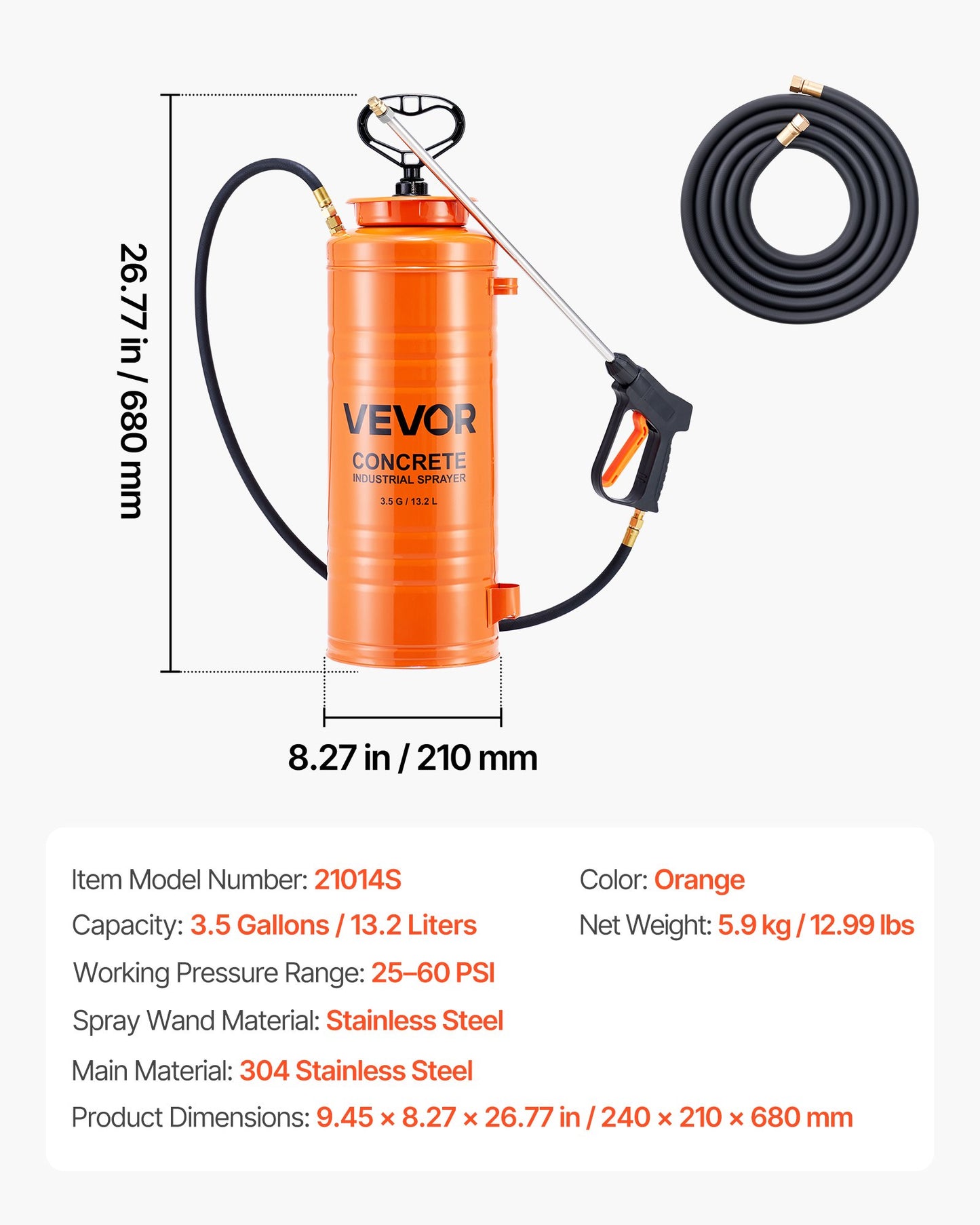 Industrial Concrete Sprayer, 14L Stainless Steel Sprayer, Heavy Duty Tri-Poxy Pump Sprayers, 52cm Wand with Ergonomic Gun Handle, 1.2m & 3m Hoses, 2 Brass Nozzles for Construction, Garden - Image 7