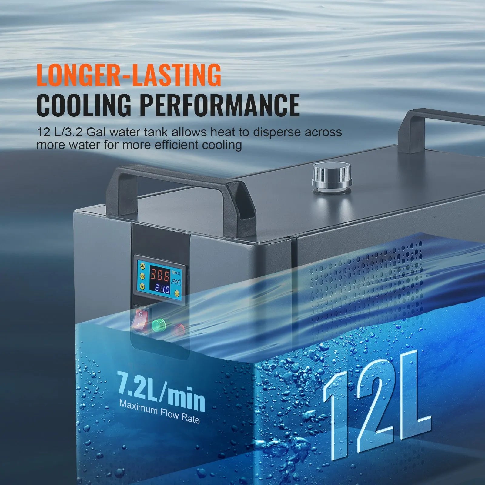 Industrial Water Chiller, KH-6000, 200W Industrial Water Cooler Cooling System with Compressor 12 L Water Tank Capacity 7.8 L/min Max Flow Rate, for CO2 Laser Engraving Machine Cooling Machine - Image 4